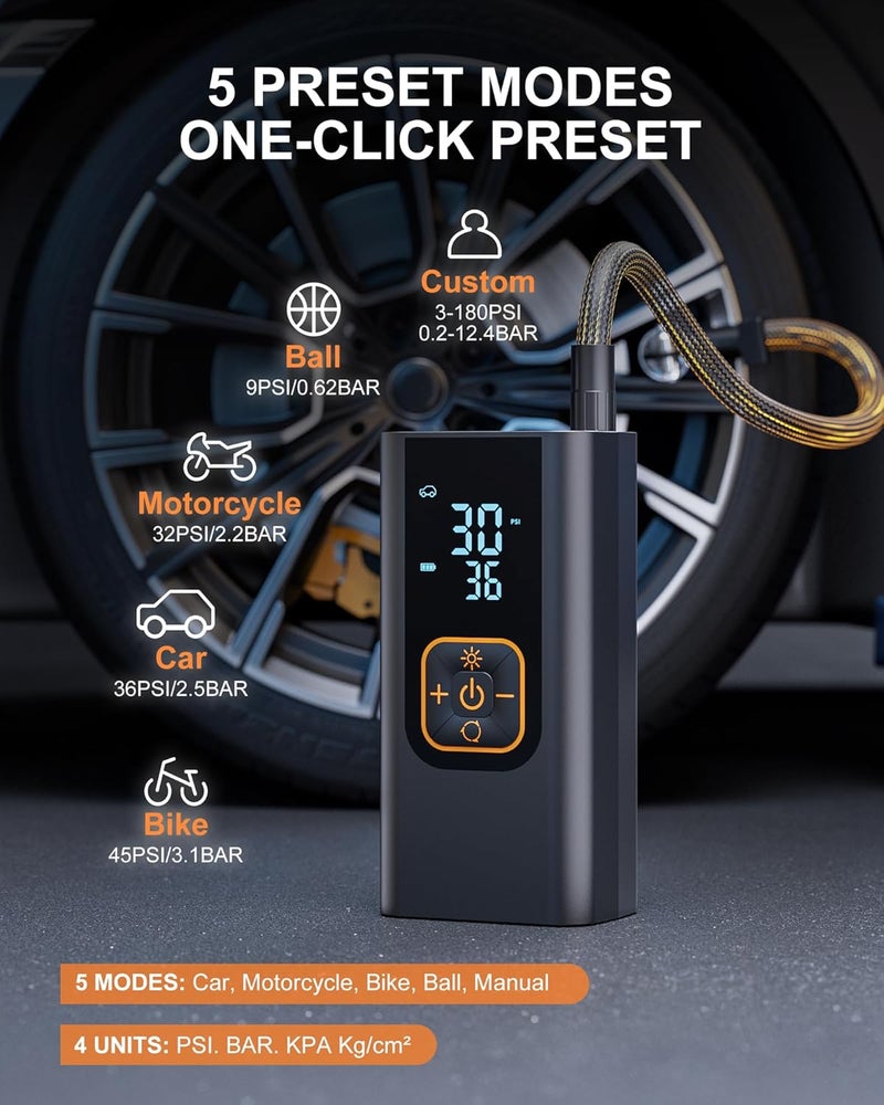 QKMPOM 180PSI Tire Inflator Portable Air Compressor, 6X Faster Air Pump for Car Tires with Digital Pressure Gauge, 12V DC Adapter, LED Light, Portable Tire Inflator for Car, Motorcycle, Bike, Balls - Image 4